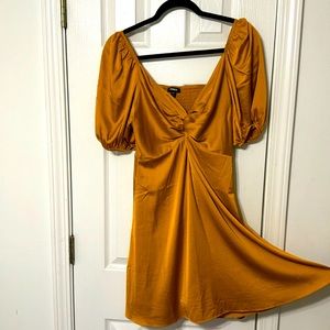 EXPRESS TWIST FRONT PUFF SLEEVE MINI DRESS IN GOLDEN YELLOW